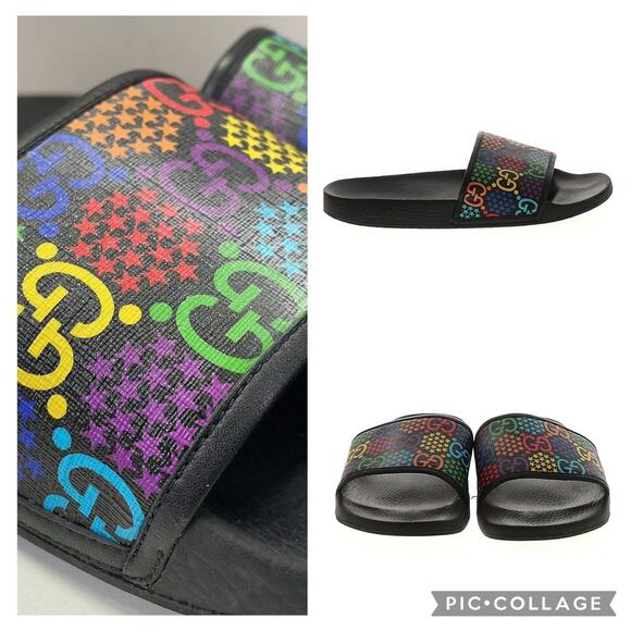 AUTH GUCCI GG Monogram Psychedelic Slides Sandals Black Multicolor Sz 10 EUC - Picture 1 of 5